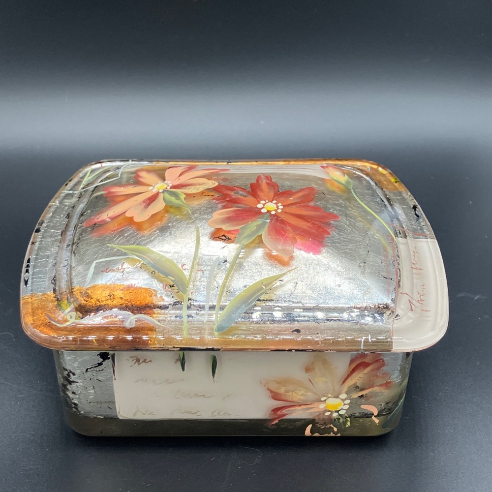 Unique Vintage Glass Box with Lid. Reverse Painted in Beautiful Colors.